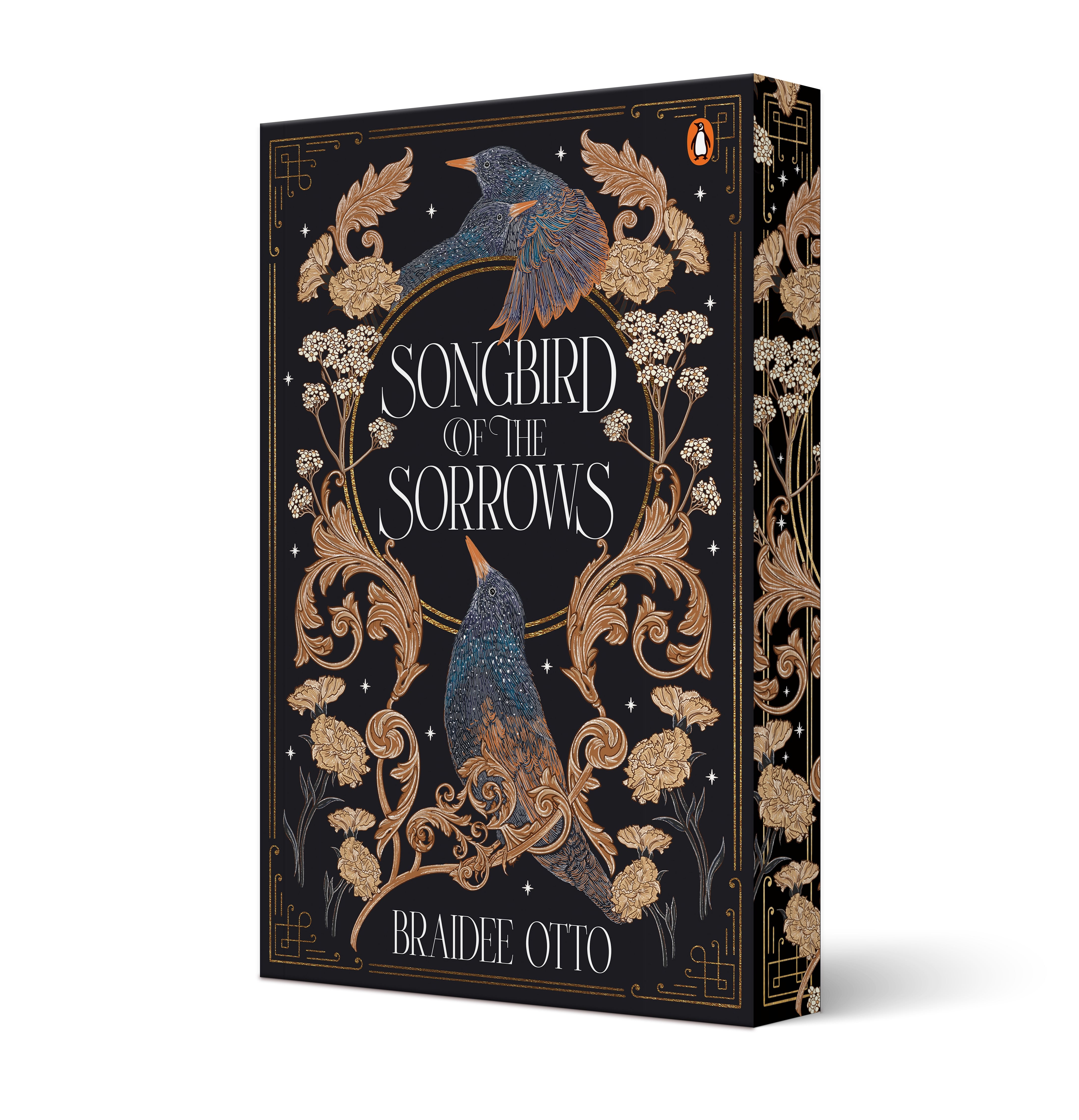 Book cover of 'Songbird of the Sorrows' with decorative elements and birds on a black background