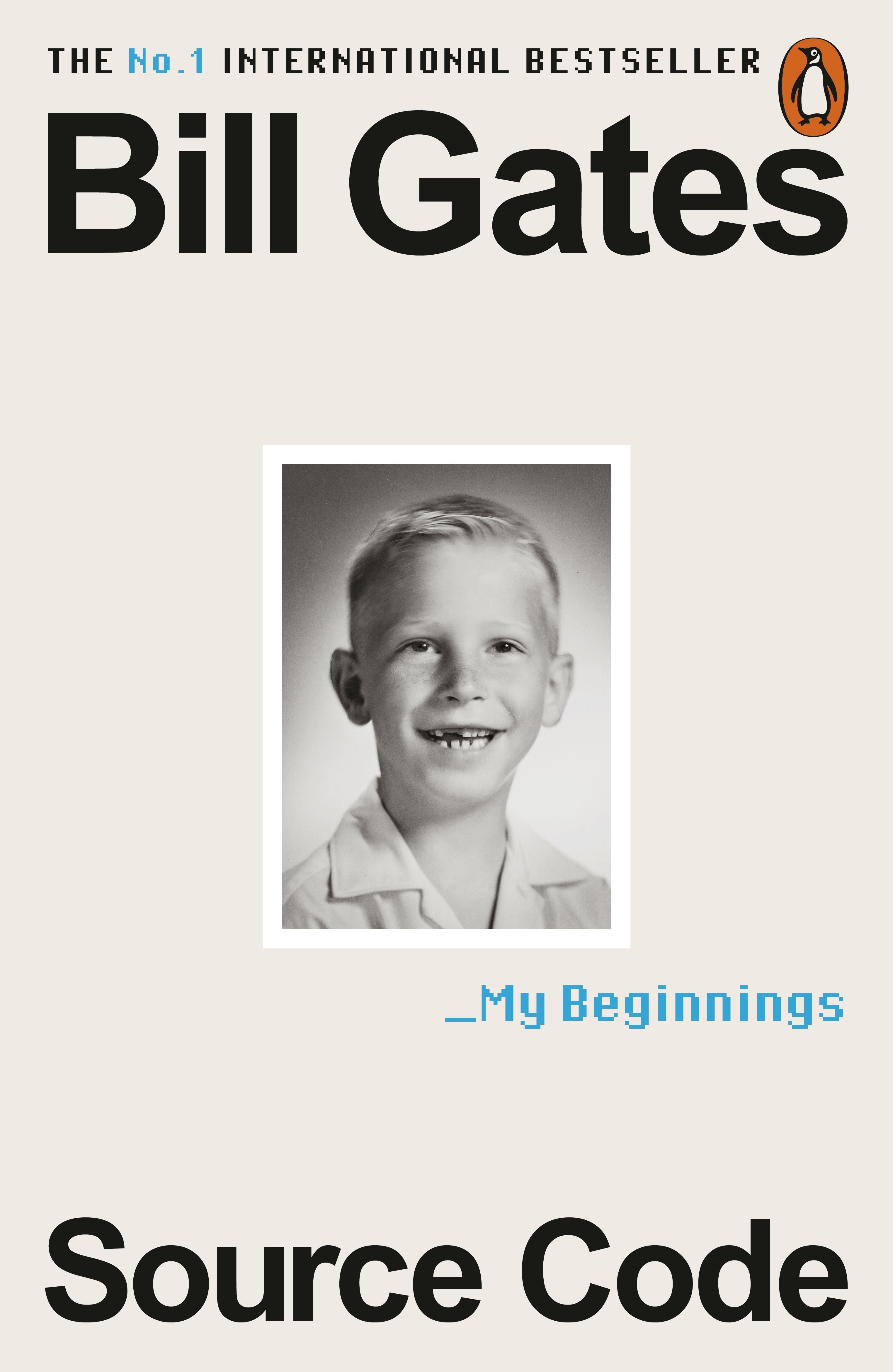 Book cover of 'Source Code' by Bill Gates featuring a black and white photo of a young Bill Gates on a light gray background.