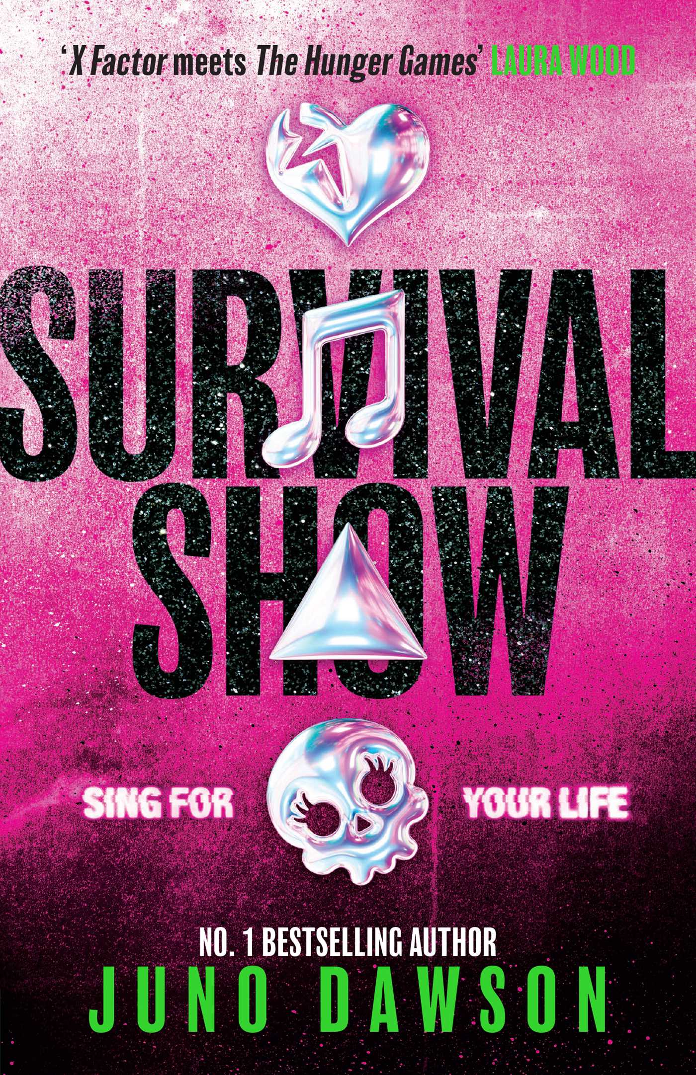 Book cover for 'Survival Show' by Juno Dawson, featuring a vibrant pink and purple textured background with bold black title text and stylized silver and white graphic icons including a heart, music note, and skull.