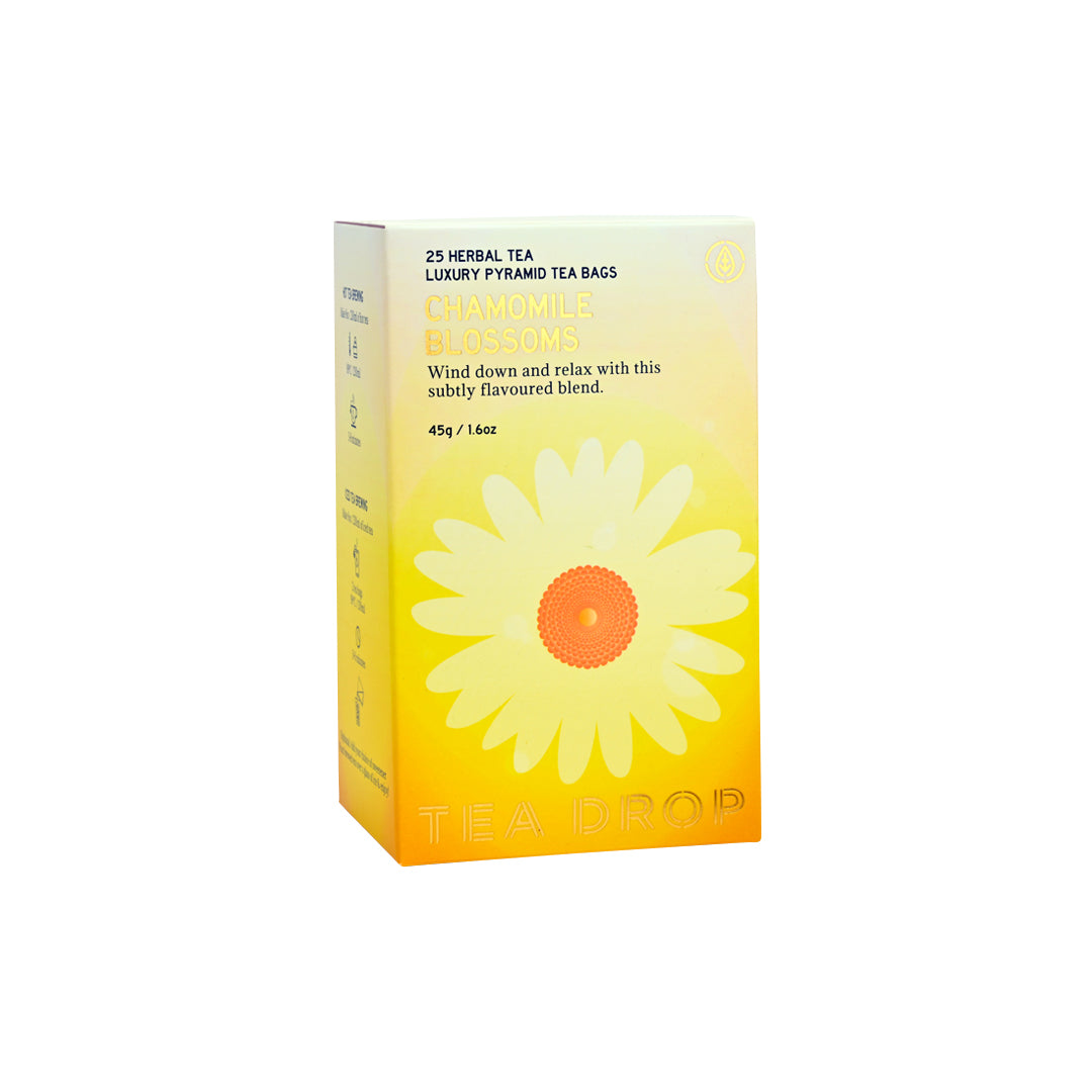Box of Tea Drop chamomile tea bags with a yellow flower design on a white background