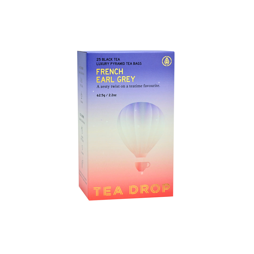 Box of Tea Drop French Earl Grey tea bags with a colorful gradient design.