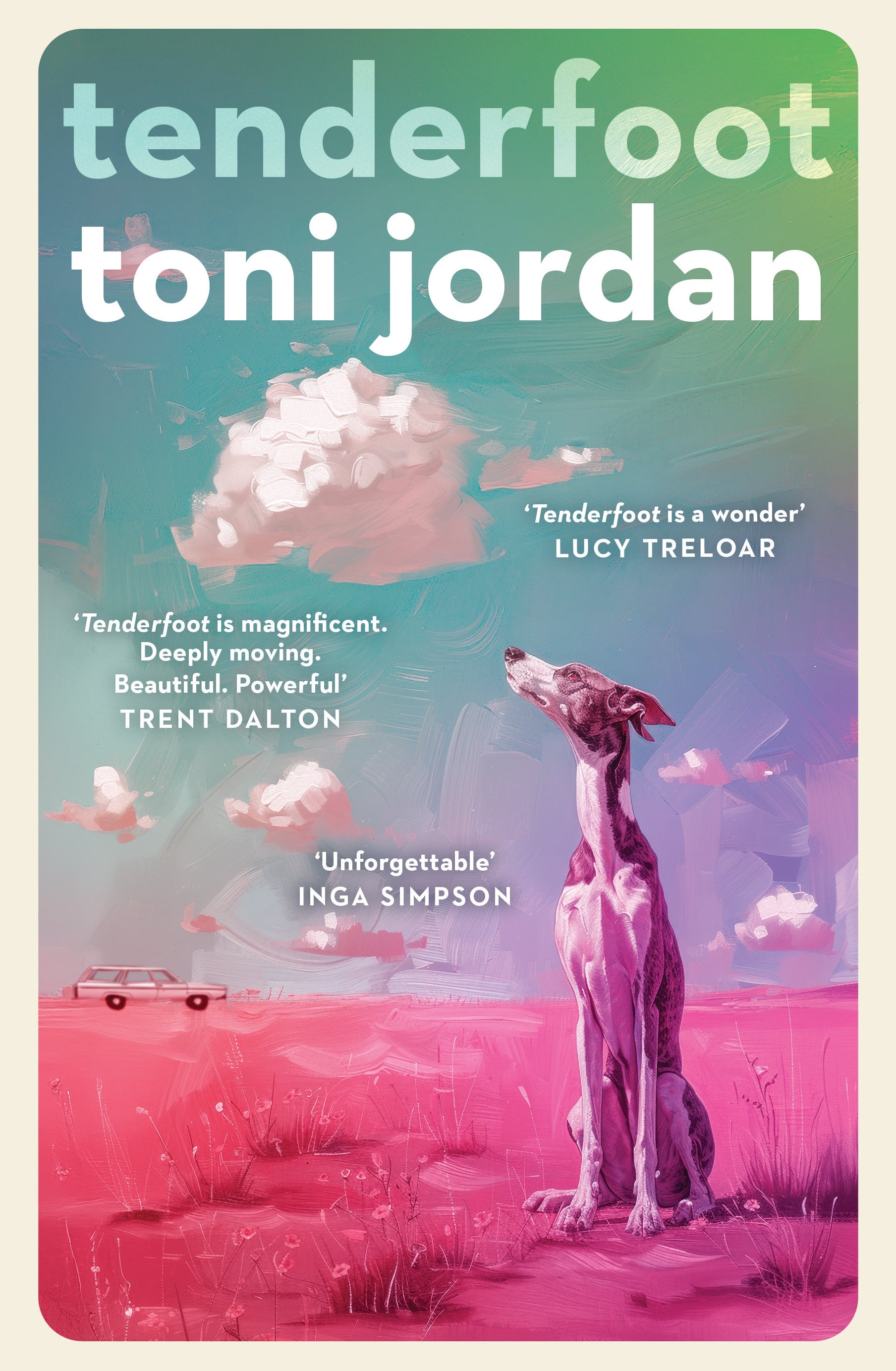 Book cover of 'Tenderfoot' by Toni Jordan with a dog and landscape illustration.
