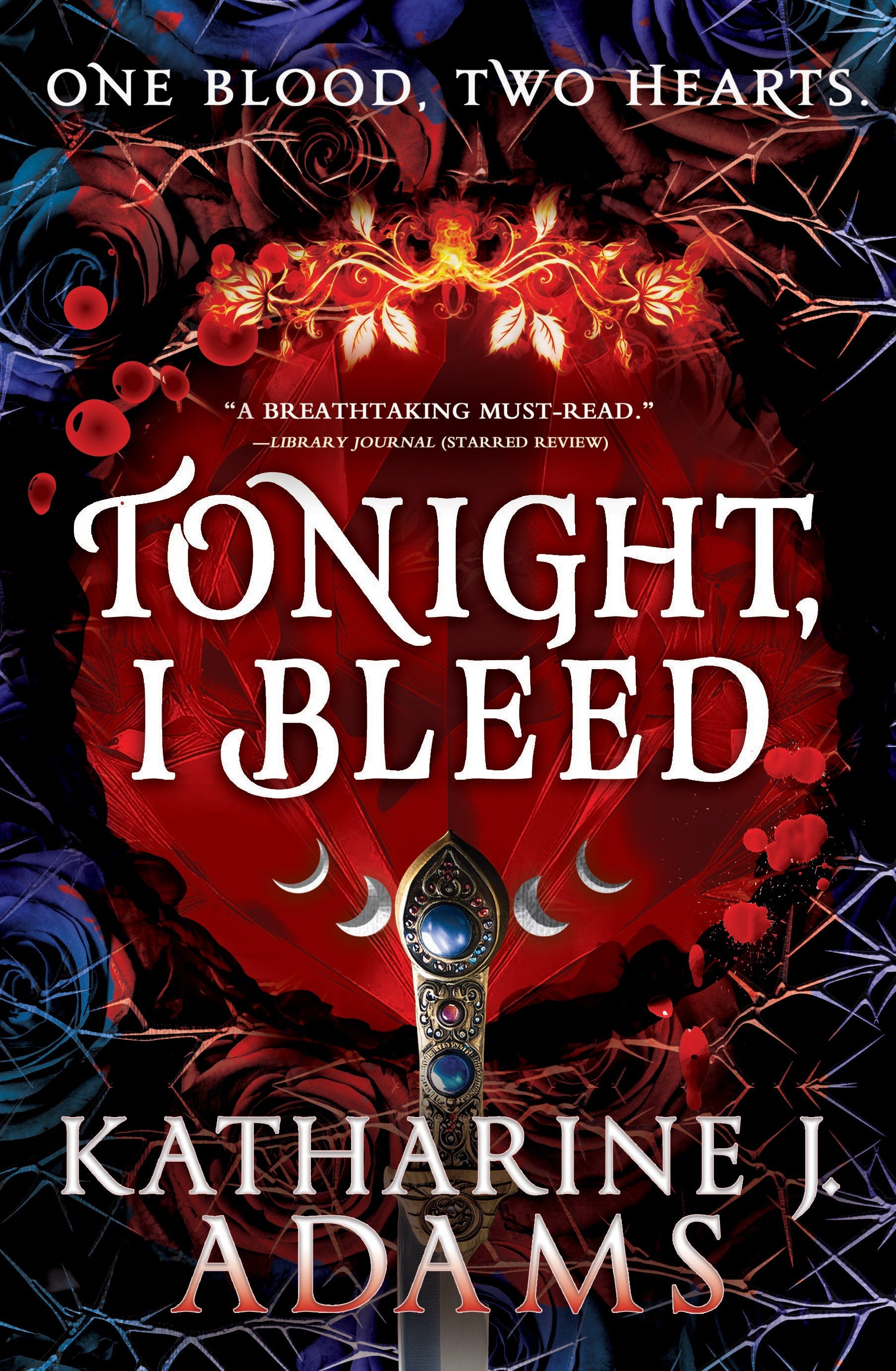 Book cover of 'Tonight, I Bleed' by Katharine J. Adams with a red heart and sword design.