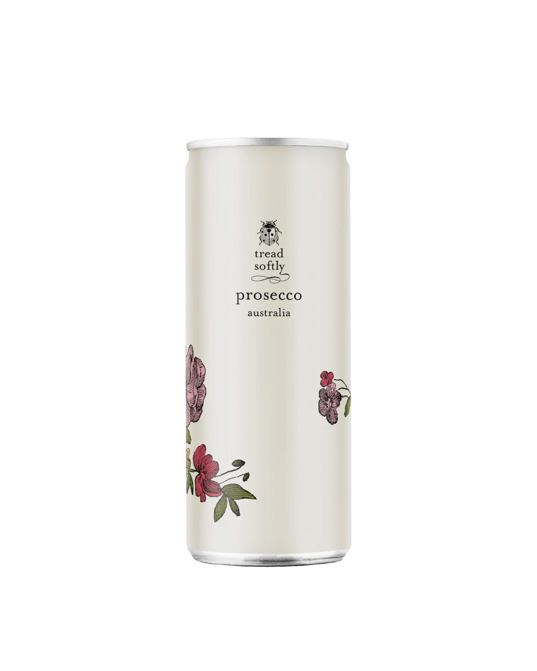 Prosecco can with floral design and 'tread softly' branding on a white background