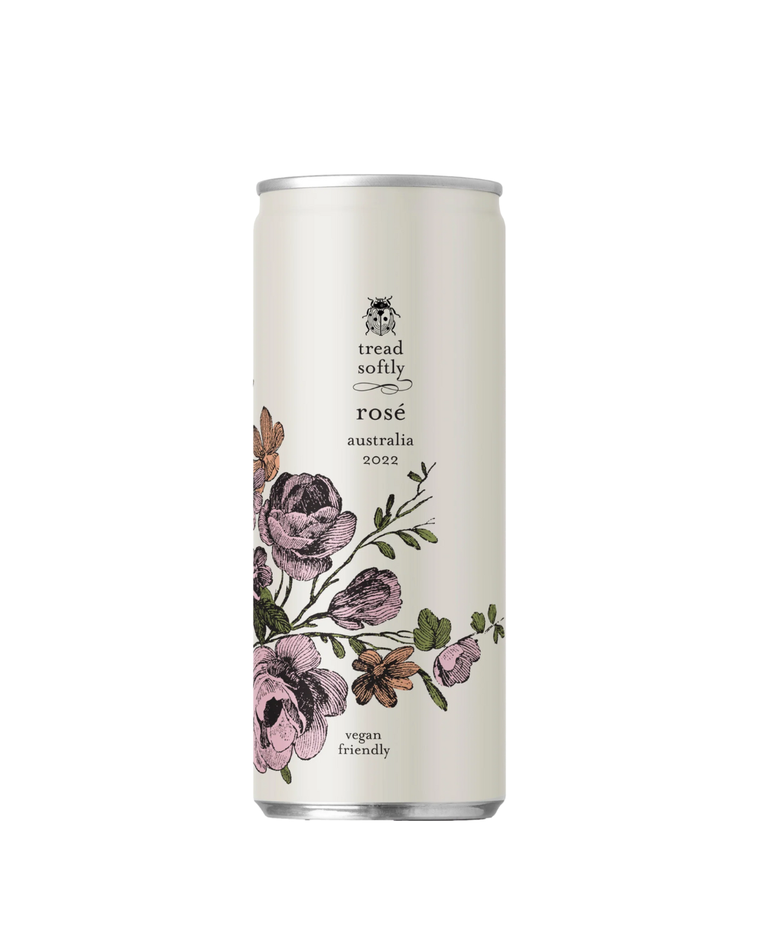 Canned rose wine with floral design and 'tread softly' branding on a white background