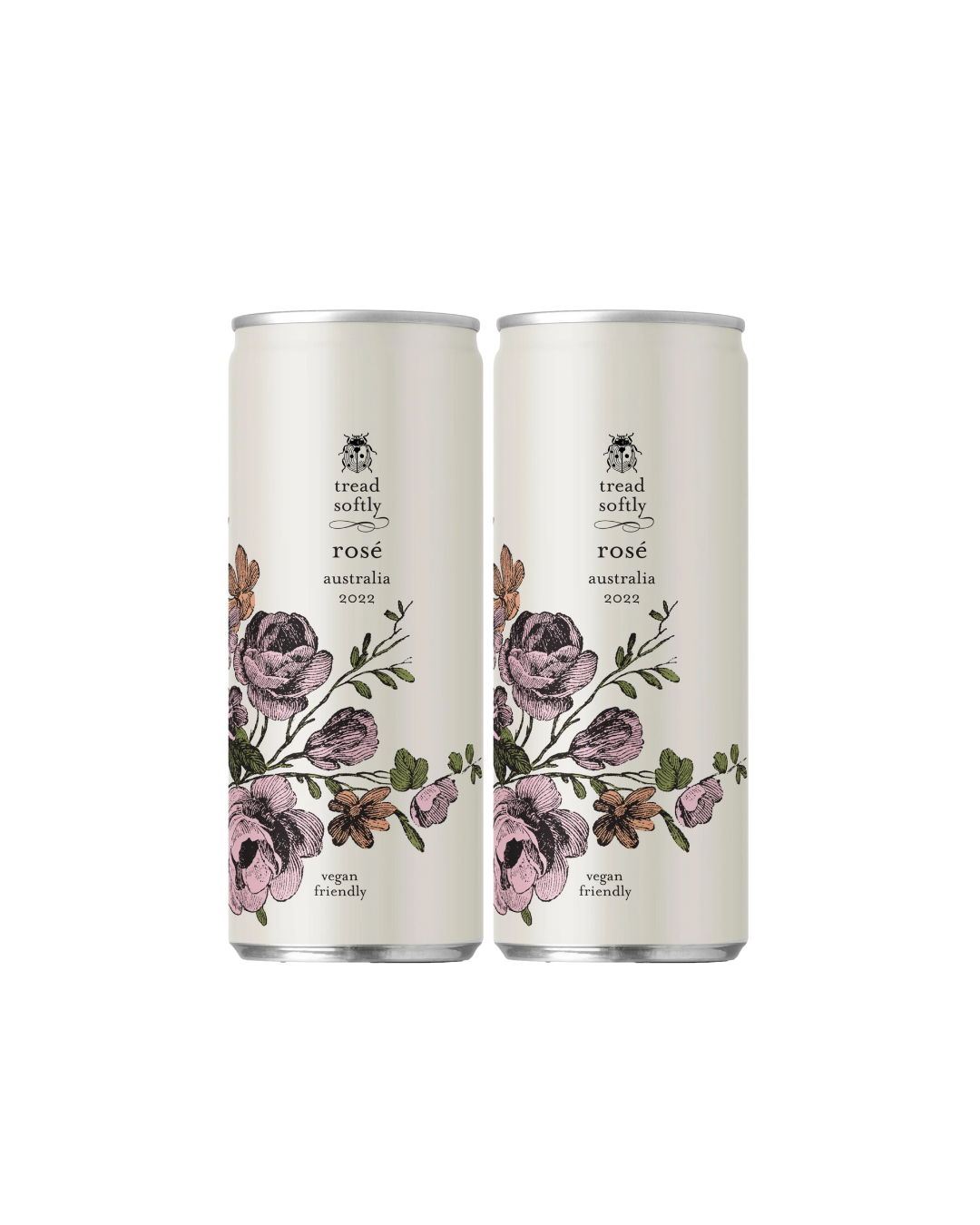 Two cans of 'Tread Softly' rose product with floral design on a white background