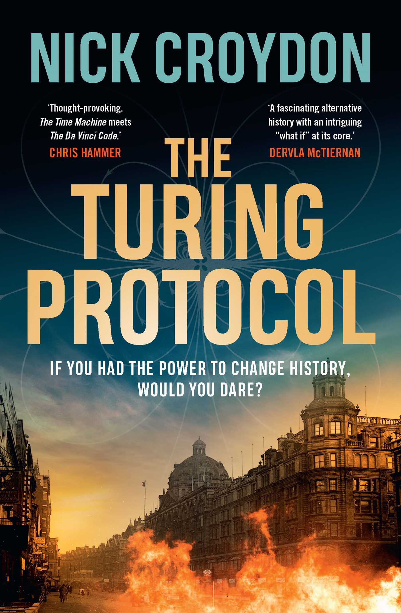 Book cover of 'The Turing Protocol' by Nick Croydon with a cityscape and fire in the background.