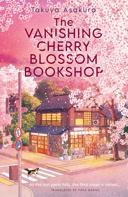 Book cover of 'The Vanishing Cherry Blossom Bookshop' with a cherry blossom-themed illustration.