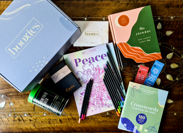 The Mindfulness Booxies Box colouring activities journal and tea and chocolate